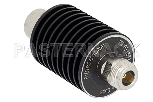 20 dB Fixed Attenuator, N Male to N Female Black Anodized Aluminum Heatsink Body Rated to 25 Watts Up to 4 GHz