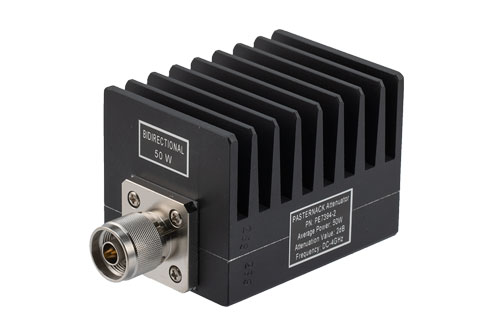 2 dB Fixed Attenuator, N Male to N Female Black Anodized Aluminum Heatsink Body Rated to 50 Watts Up to 4 GHz