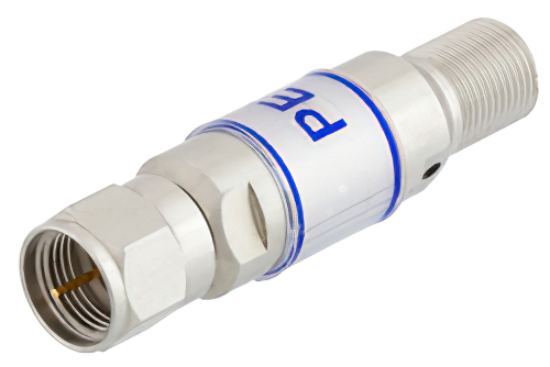 5 dB Fixed Attenuator, 75 Ohm F Male to 75 Ohm F Female Brass Tri-Metal Body Rated to 2 Watts Up to 3 GHz