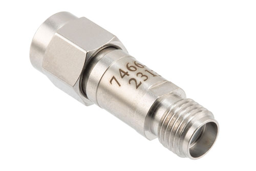 6 dB Fixed Attenuator, SMA Male to SMA Female Stainless Steel Body Rated to 2 Watts, DC to 12 GHz