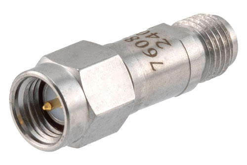20 dB RF fixed attenuator 2W, DC to 6GHz, SMA Male to SMA Female, Stainless Steel