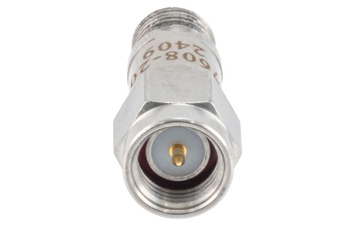 20 dB RF fixed attenuator 2W, DC to 6GHz, SMA Male to SMA Female, Stainless Steel