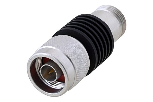 1 dB Fixed Attenuator, N Male to N Female Black Anodized Aluminum Heatsink Body Rated to 5 Watts Up to 6 GHz