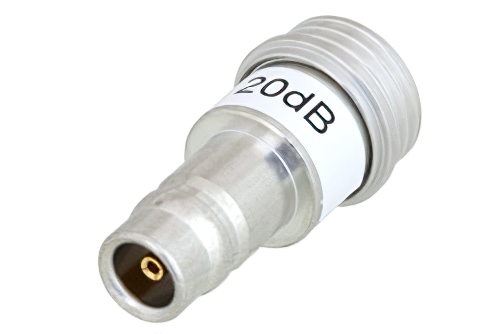 20 dB Fixed Attenuator, QN Male to QN Female Brass Tri-Metal Body Rated to 1 Watt Up to 3 GHz