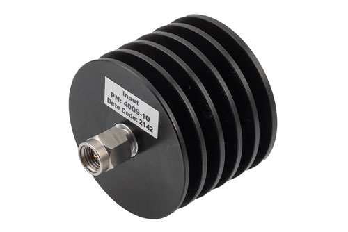 10 dB Fixed Attenuator, 2.92mm Male to 2.92mm Female Black Anodized  Aluminum Heatsink Body Rated to 10 Watts Up to 40 GHz