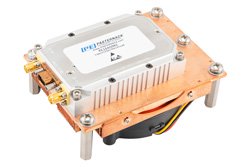 PE15A5082 - 18 Watt GaN Power Amplifier with Integrated Heatsink and Cooling fan, 1000 MHz to 2500 MHz, Class AB, L & S Bands, 50% Efficiency, 28V, SMA