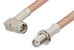 PE33749LF - SMA Male Right Angle to SMA Female Bulkhead Cable Using PE-P195 Coax, RoHS