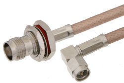 PE33759 - SMA Male Right Angle to TNC Female Bulkhead Cable Using RG400 Coax