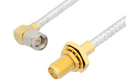 PE34299LF - SMA Male Right Angle to SMA Female Bulkhead Cable Using PE-SR402FL Coax, RoHS