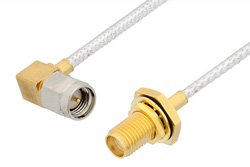 PE34313 - SMA Male Right Angle to SMA Female Bulkhead Cable Using PE-SR405FL Coax