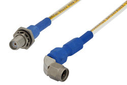 PE35421 - SMA Male Right Angle to SMA Female Bulkhead Precision Cable Using 150 Series Coax, RoHS