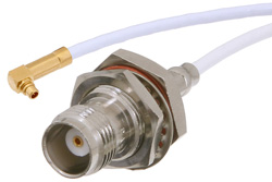 PE35635 - TNC Female Bulkhead to MMCX Plug Right Angle Cable Using RG188 Coax