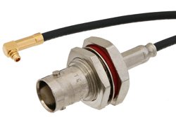 PE36738 - MMCX Plug Right Angle to BNC Female Bulkhead Cable Using RG174 Coax