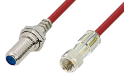 PE38138/RD - 75 Ohm F Male to 75 Ohm F Female Bulkhead Cable Using 75 Ohm PE-B159-RD Red Coax