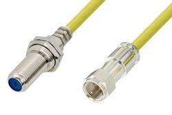 PE38138/YW - 75 Ohm F Male to 75 Ohm F Female Bulkhead Cable Using 75 Ohm PE-B159-YW Yellow Coax