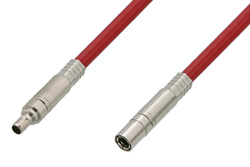 PE38141/RD - 75 Ohm Mini SMB Plug to 75 Ohm Mini SMB Jack Cable Using 75 Ohm PE-B159-RD Red Coax