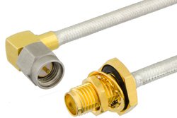PE39428 - SMA Male Right Angle to SMA Female Bulkhead Semi-Flexible Precision Cable Using PE-SR402FL Coax, LF Solder, RoHS