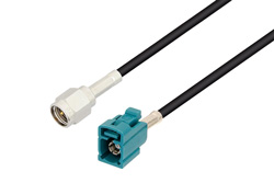 PE3C2597LF - SMA Male to Water Blue FAKRA Jack Cable Using LMR-100 Coax , LF Solder