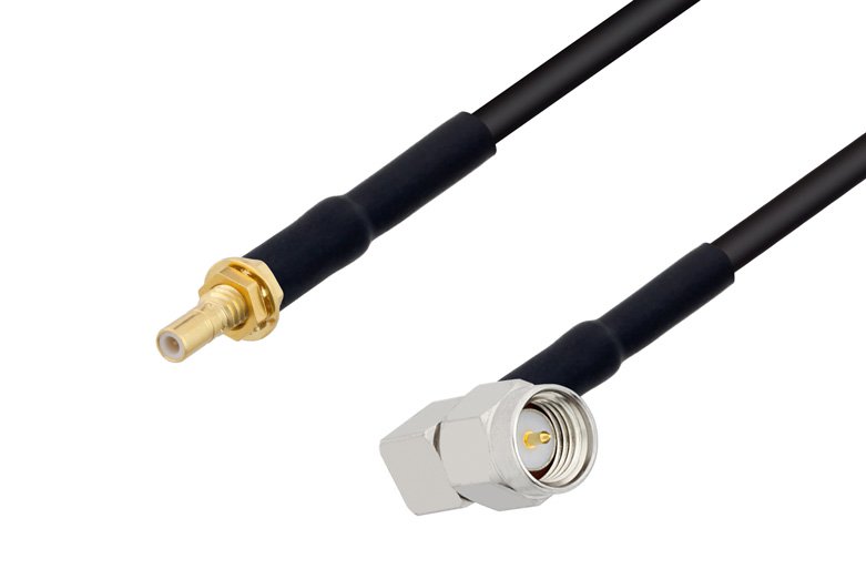 PE3W05737LF/HS - SSMB Jack Bulkhead to SMA Male Right Angle Cable Using LMR-100 Coax with HeatShrink, LF Solder