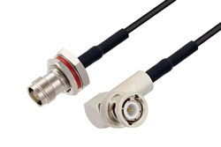 PE3W13046LF/HS-100CM - TNC Female Bulkhead to BNC Male Right Angle Low Loss Cable Using LMR-100 Coax with HeatShrink, LF Solder in 100CM