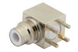 PE4180 - 75 Ohm SMC Jack Right Angle Connector Solder Attachment Thru Hole PCB, .200 inch x .067 inch Hole Spacing
