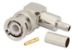 PE4345 - BNC Male Right Angle Connector Crimp/Solder Attachment for RG55, RG141, RG142, RG223, RG400
