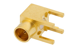 PE44304 - 75 Ohm MCX Jack Right Angle Connector Solder Attachment Thru Hole PCB, .200 inch x .055 inch Hole Spacing
