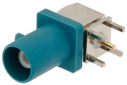 PE44651Z - FAKRA Plug Right Angle Connector Solder Attachment Thru Hole PCB, Water Blue Color