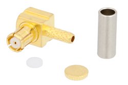 PE45051 - RP-MCX Plug Right Angle Push-On Connector Crimp/Solder Attachment for RG178, RG196, Gold Color
