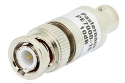 PE7000-10 - 10 dB Fixed Attenuator, BNC Male to BNC Female Brass Nickel Body Rated to 1 Watt Up to 2 GHz