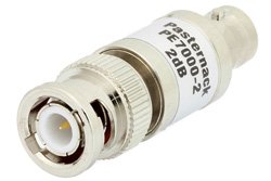 PE7000-2 - 2 dB Fixed Attenuator, BNC Male to BNC Female Brass Nickel Body Rated to 1 Watt Up to 2 GHz