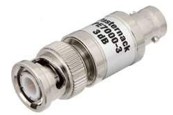 PE7000-3 - 3 dB Fixed Attenuator, BNC Male to BNC Female Brass Nickel Body Rated to 1 Watt Up to 2 GHz