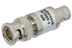 PE7009-1 - 1 dB Fixed Attenuator, 75 Ohm BNC Male to 75 Ohm BNC Female Brass Nickel Body Rated to 1 Watt Up to 1,000 MHz