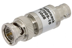 PE7009-10 - 10 dB Fixed Attenuator, 75 Ohm BNC Male to 75 Ohm BNC Female Brass Nickel Body Rated to 1 Watt Up to 1,000 MHz