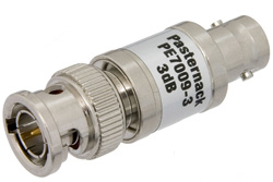 PE7009-3 - 3 dB Fixed Attenuator, 75 Ohm BNC Male to 75 Ohm BNC Female Brass Nickel Body Rated to 1 Watt Up to 1,000 MHz