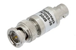 PE7009-30 - 30 dB Fixed Attenuator, 75 Ohm BNC Male to 75 Ohm BNC Female Brass Nickel Body Rated to 1 Watt Up to 1,000 MHz