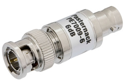 PE7009-6 - 6 dB Fixed Attenuator, 75 Ohm BNC Male to 75 Ohm BNC Female Brass Nickel Body Rated to 1 Watt Up to 1,000 MHz