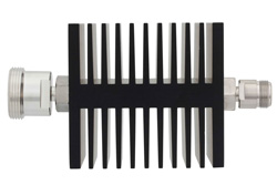 PE7321-10 - 10 dB Fixed Attenuator, 7/16 DIN Female To N Female Directional Black Anodized Aluminum Heatsink Body Rated To 50 Watts Up To 18 GHz