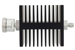 PE7328-10 - 10 dB Fixed Attenuator, 7/16 DIN Female To SMA Male Directional Black Anodized Aluminum Heatsink Body Rated To 50 Watts Up To 7.5 GHz