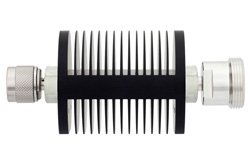 PE7366-10 - 10 dB Fixed Attenuator, N Male to 7/16 DIN Female Black Anodized Aluminum Heatsink Body Rated to 25 Watts Up to 7.5 GHz