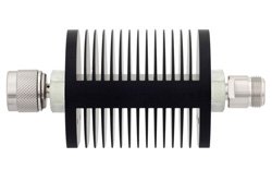 PE7367-3 - 3 dB Fixed Attenuator, N Male to N Female Black Anodized Aluminum Heatsink Body Rated to 25 Watts Up to 18 GHz